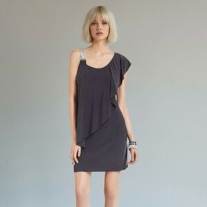 Betsy & Adam Silver Rhinestones One Shoulder Strap Grey Mini Cocktail Dress